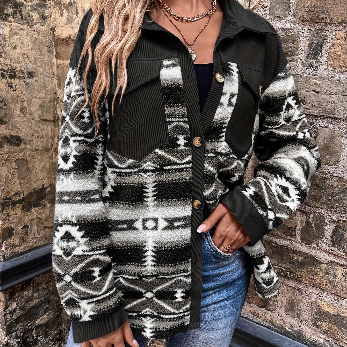 Chaqueta polar geométrica para mujer – Abrigo de invierno cálido con bloques de color