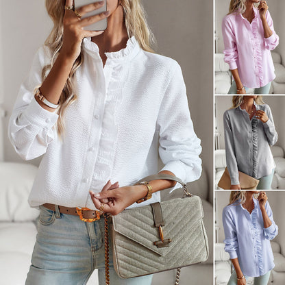 Blusa con botones, volantes y rayas Loom & Soul™ – Elegante camisa de oficina y casual de manga larga para mujer