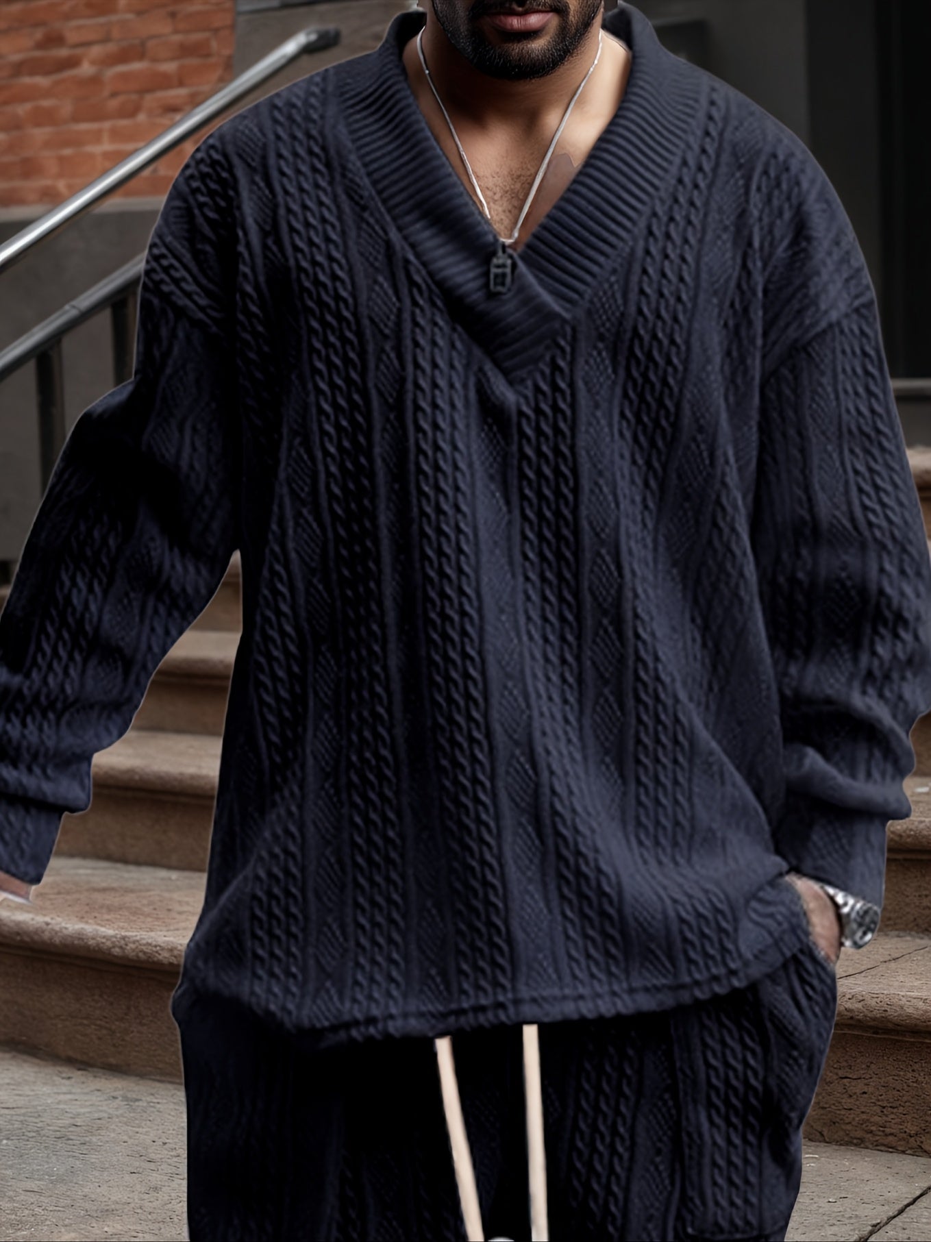 Suéter de punto con cuello en V para hombre – Jersey casual de jacquard acanalado