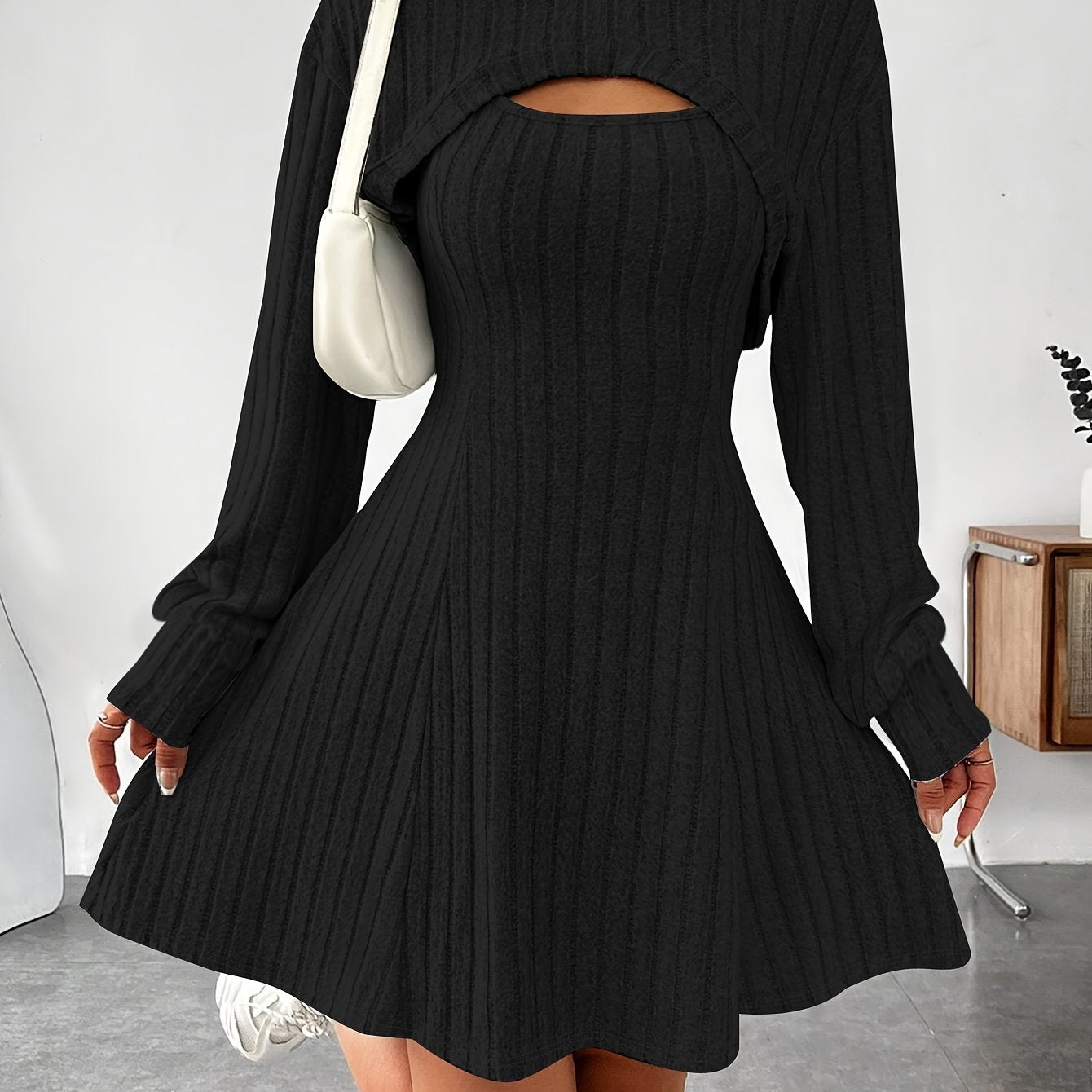 Ensemble 2 pièces côtelé pour femme – Top court à capuche et robe moulante