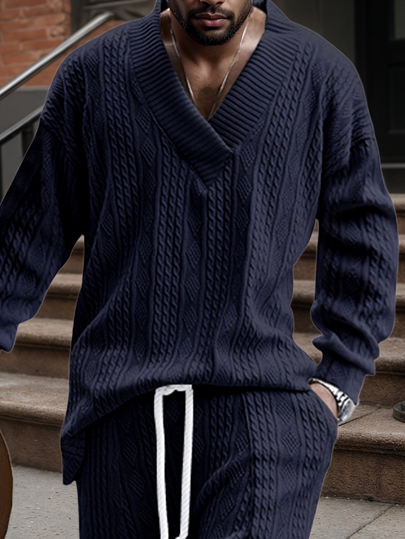 Suéter de punto con cuello en V para hombre – Jersey casual de jacquard acanalado