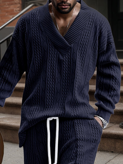 Suéter de punto con cuello en V para hombre – Jersey casual de jacquard acanalado