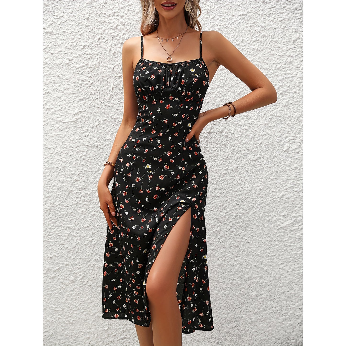 Loom & Soul™ Vestido Largo con Tirantes Finos y Estampado de Lunares – Vestido Largo de Verano para Mujer con Abertura
