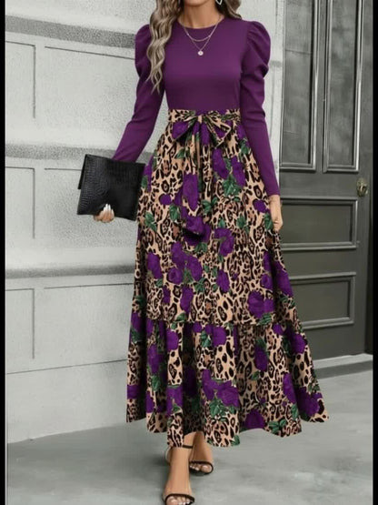 Vestido con estampado de leopardo y retazos con lazo en la cintura – Vestido entallado de manga larga elegante
