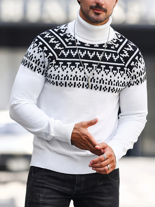 Men’s Geometric Turtleneck Sweater – Casual Knit Pullover for Fall & Winter