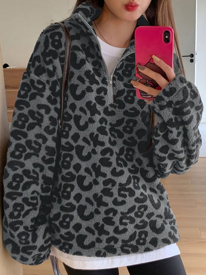 Sudadera con capucha elegante de felpa con estampado de leopardo – Chaqueta con cremallera forrada de forro polar suave
