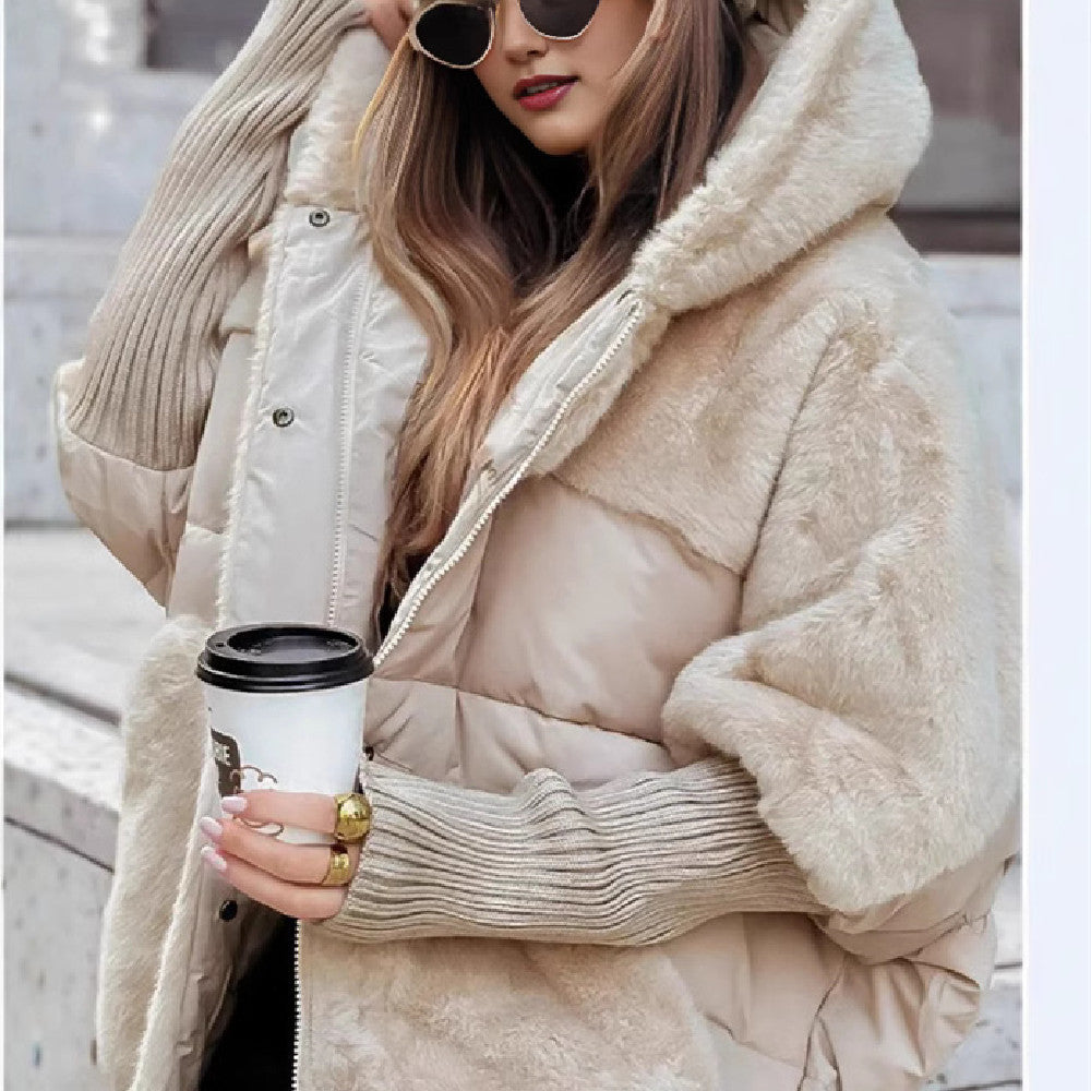 Abrigo con capucha de patchwork de piel sintética Loom & Soul™ – Chaqueta de invierno de algodón holgada para mujer, para una comodidad y calidez elegantes