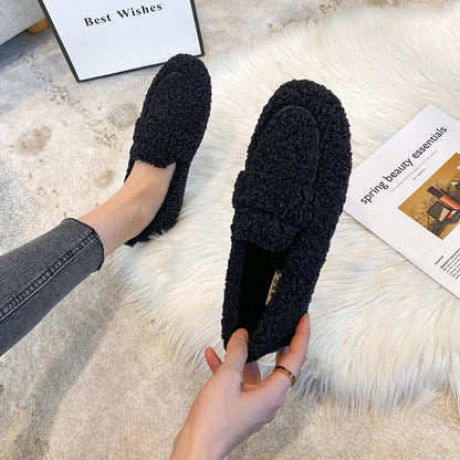 Mocasines planos de felpa de invierno Loom & Soul para mujer – Mocasines de lana de cordero cálidos sin cordones con forro suave y tacón plano