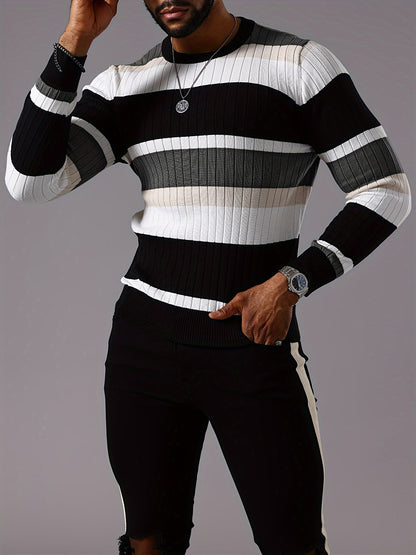 Pull rayé en tricot côtelé pour homme – Pull Color Block Automne Hiver
