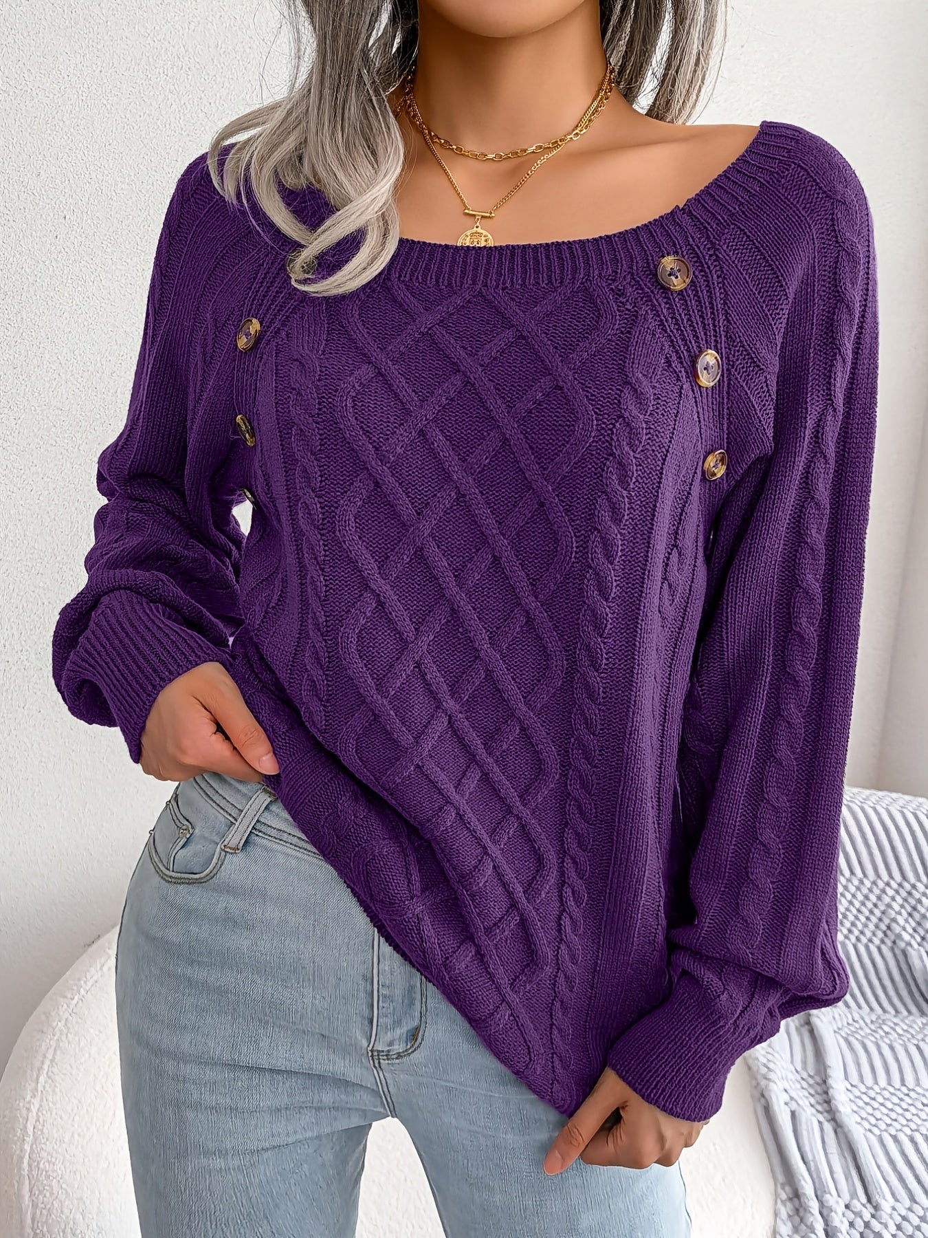 Jersey texturizado de mujer con manga farol – Top de punto con detalles de botones