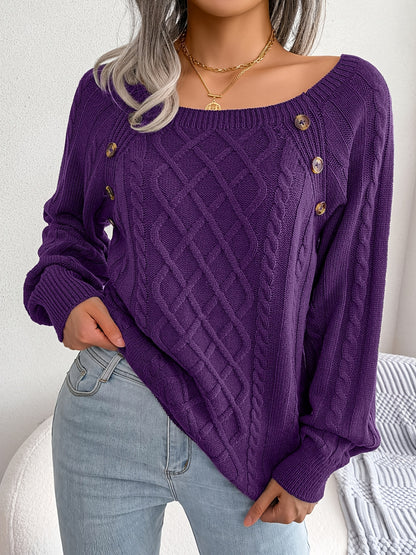 Jersey texturizado de mujer con manga farol – Top de punto con detalles de botones