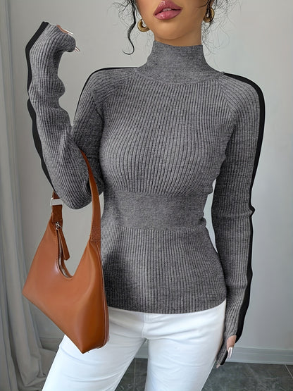 Suéter de cuello alto color block para mujer - Blusa elegante de punto suave