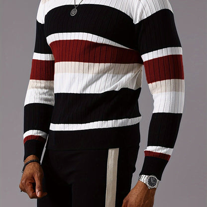 Pull rayé en tricot côtelé pour homme – Pull Color Block Automne Hiver