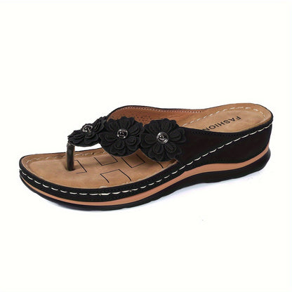 Sandalias tipo chancleta de cuña floral – Elegantes zapatos de verano con plataforma