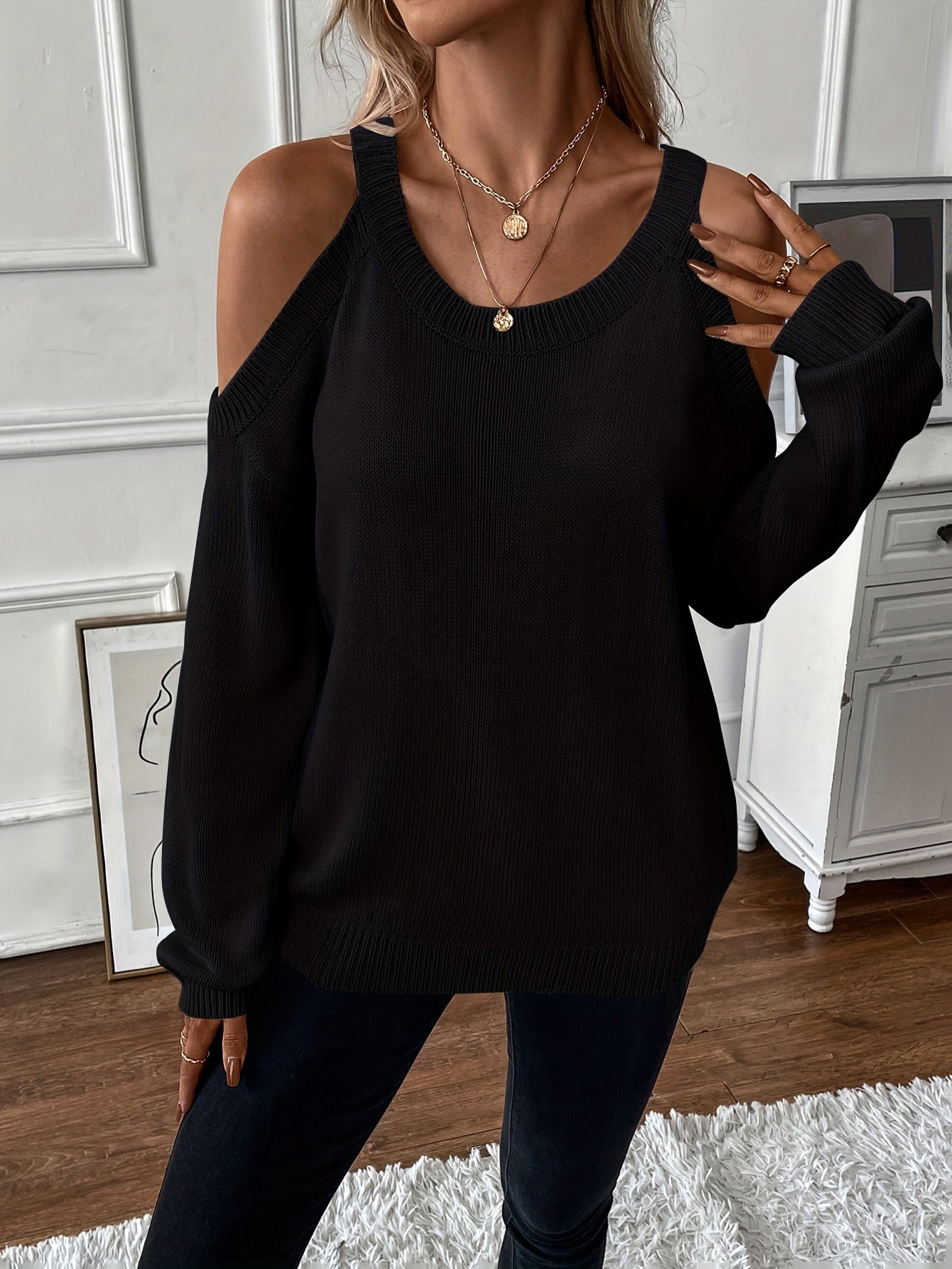 Suéter de punto suave para otoño/invierno con cuello redondo elegante para mujer