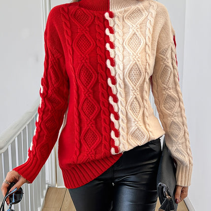 Blusa Elegante de Rayas con Cuello Alto – Top de Manga Larga de Punto Color Block