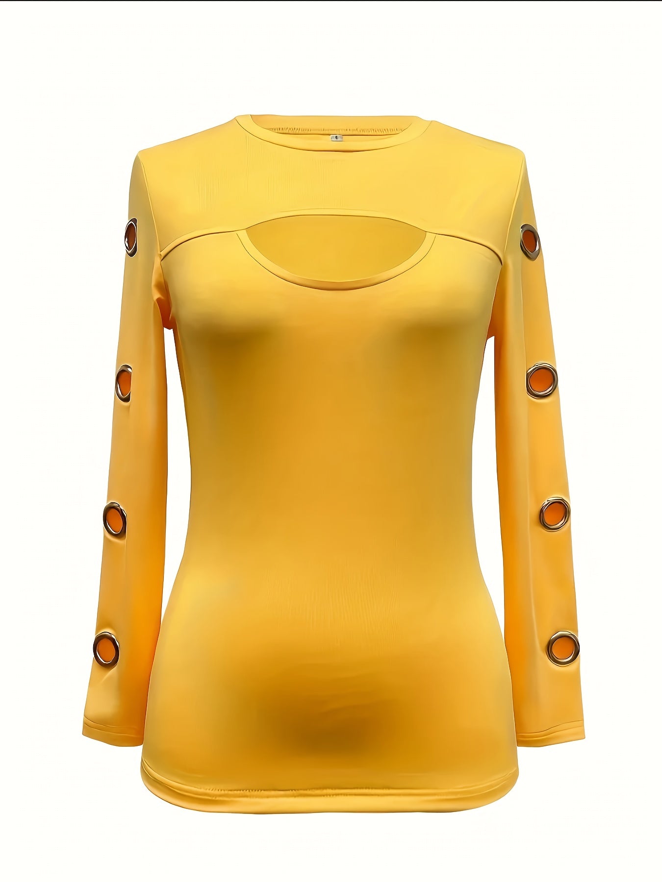Elegante top negro de manga larga – Camiseta de cuello redondo con botones dorados