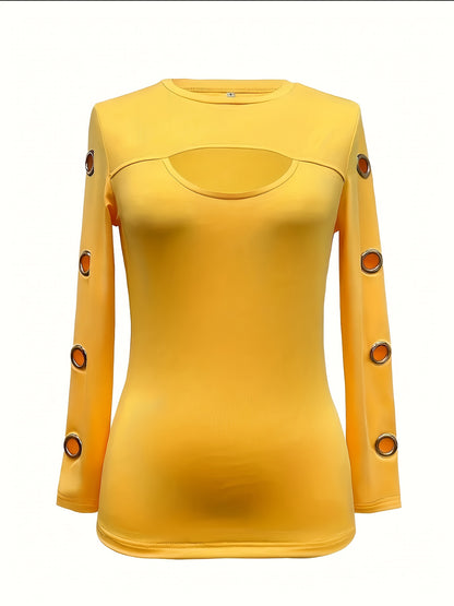 Elegante top negro de manga larga – Camiseta de cuello redondo con botones dorados