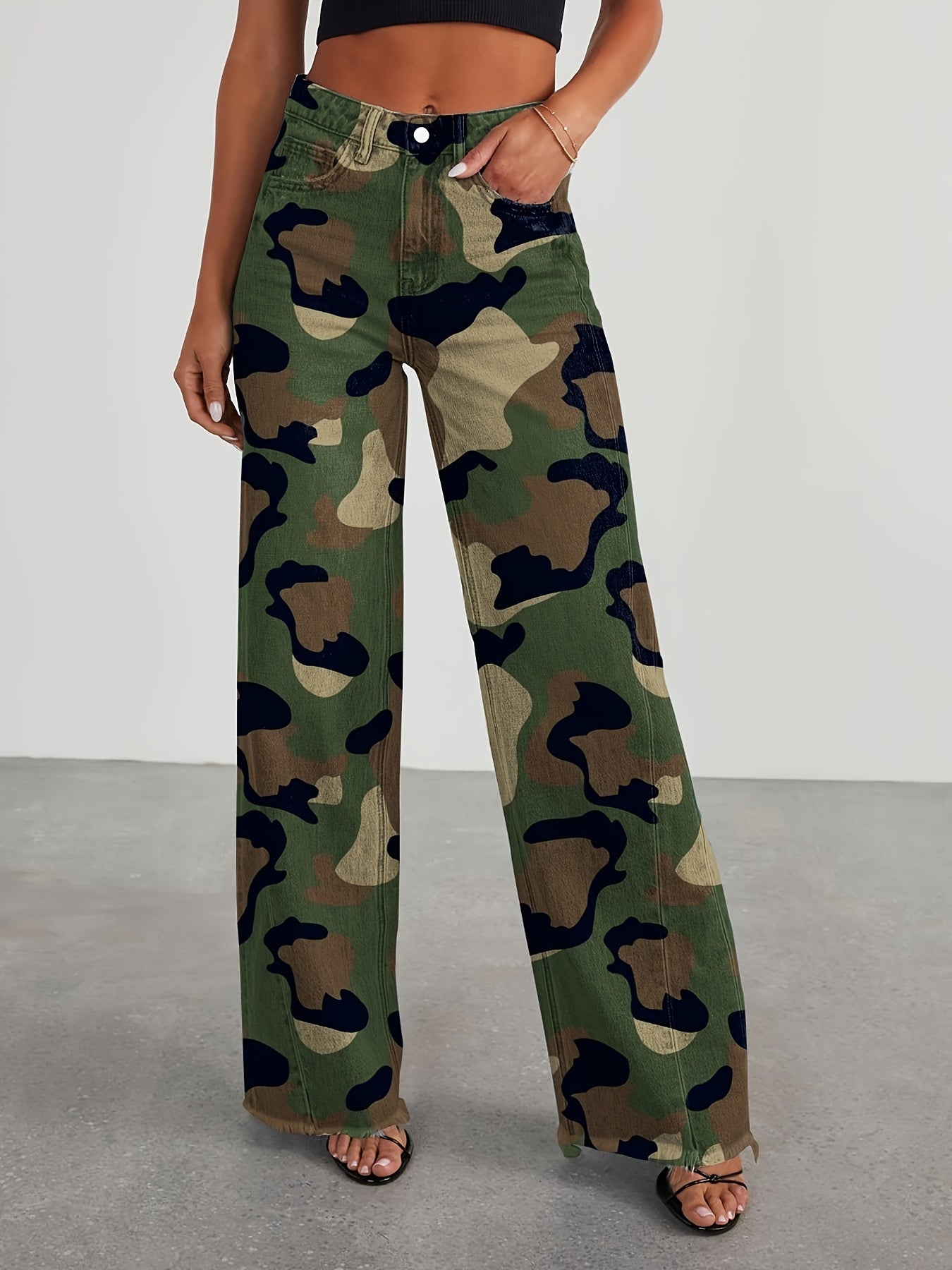 Pantalones vaqueros de mujer de talle alto y pernera ancha – Vaqueros elásticos informales holgados