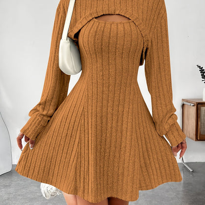 Ensemble 2 pièces côtelé pour femme – Top court à capuche et robe moulante