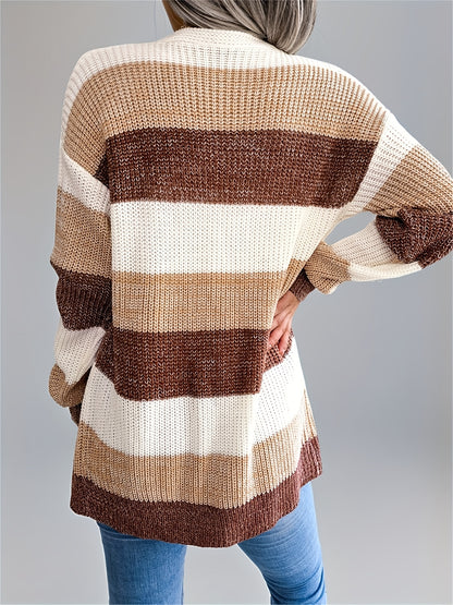 Women’s Color block Striped Cardigan – Puff Sleeve Winter Knit Sweater