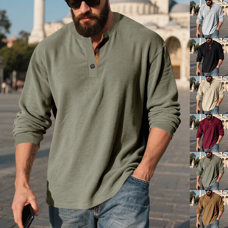 Camisa Henley de pana retro para hombre – Manga larga ajuste holgado