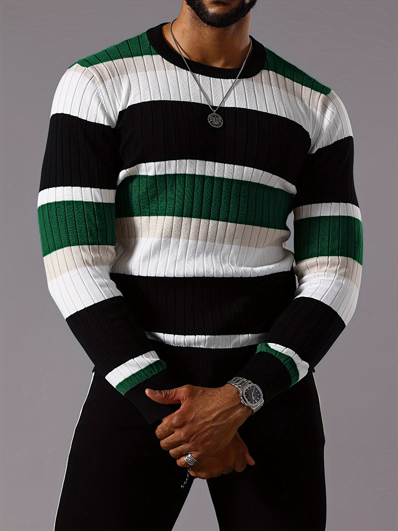 Pull rayé en tricot côtelé pour homme – Pull Color Block Automne Hiver