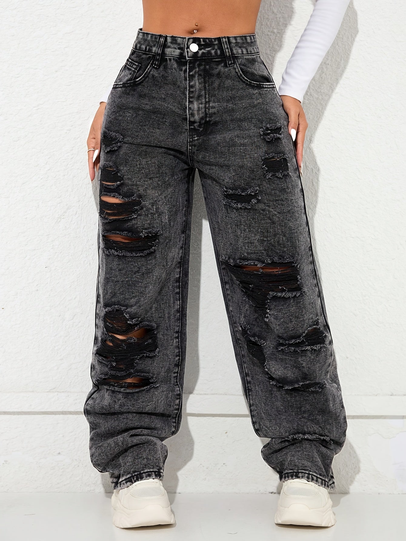 Vaqueros anchos vintage desgastados – Denim clásico lavado azul estilo urbano