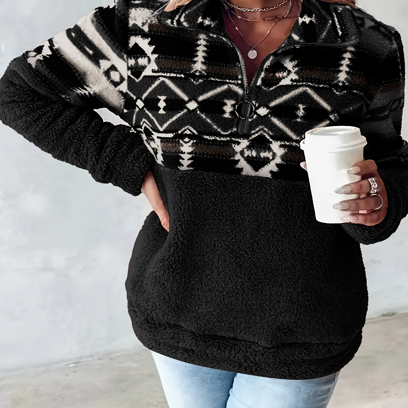 Sudadera de felpa con patrón geométrico Geo – Forro polar con media cremallera para otoño e invierno