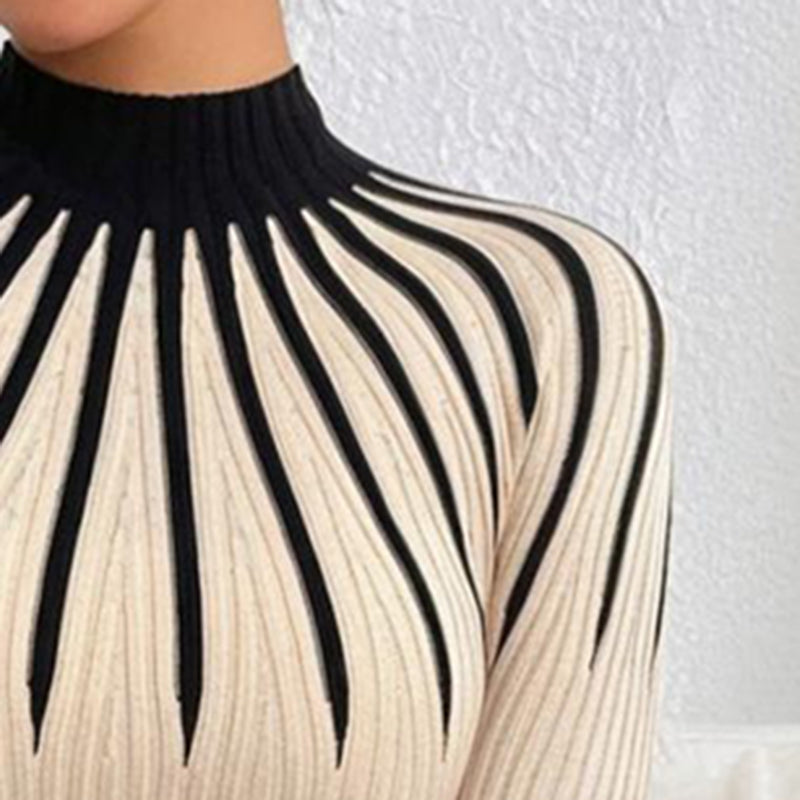 Suéter de punto de cuello alto ajustado para mujer – Manga larga a rayas acanalado