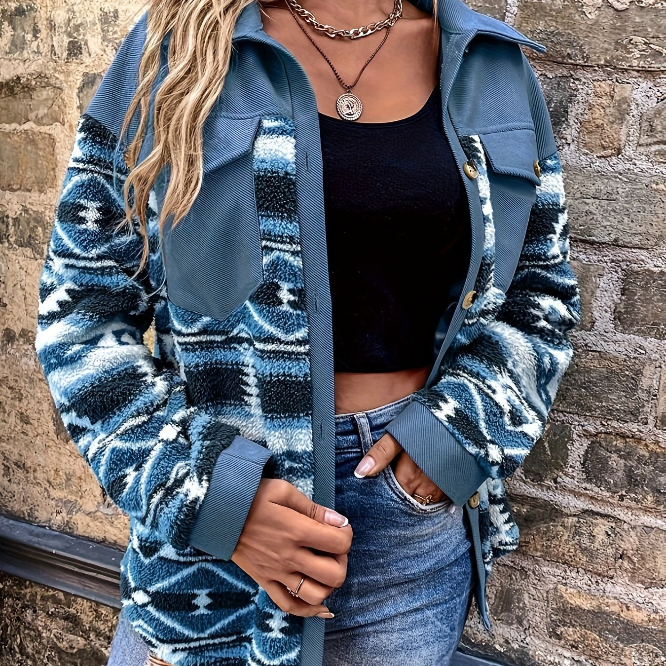 Chaqueta polar geométrica para mujer – Abrigo de invierno cálido con bloques de color