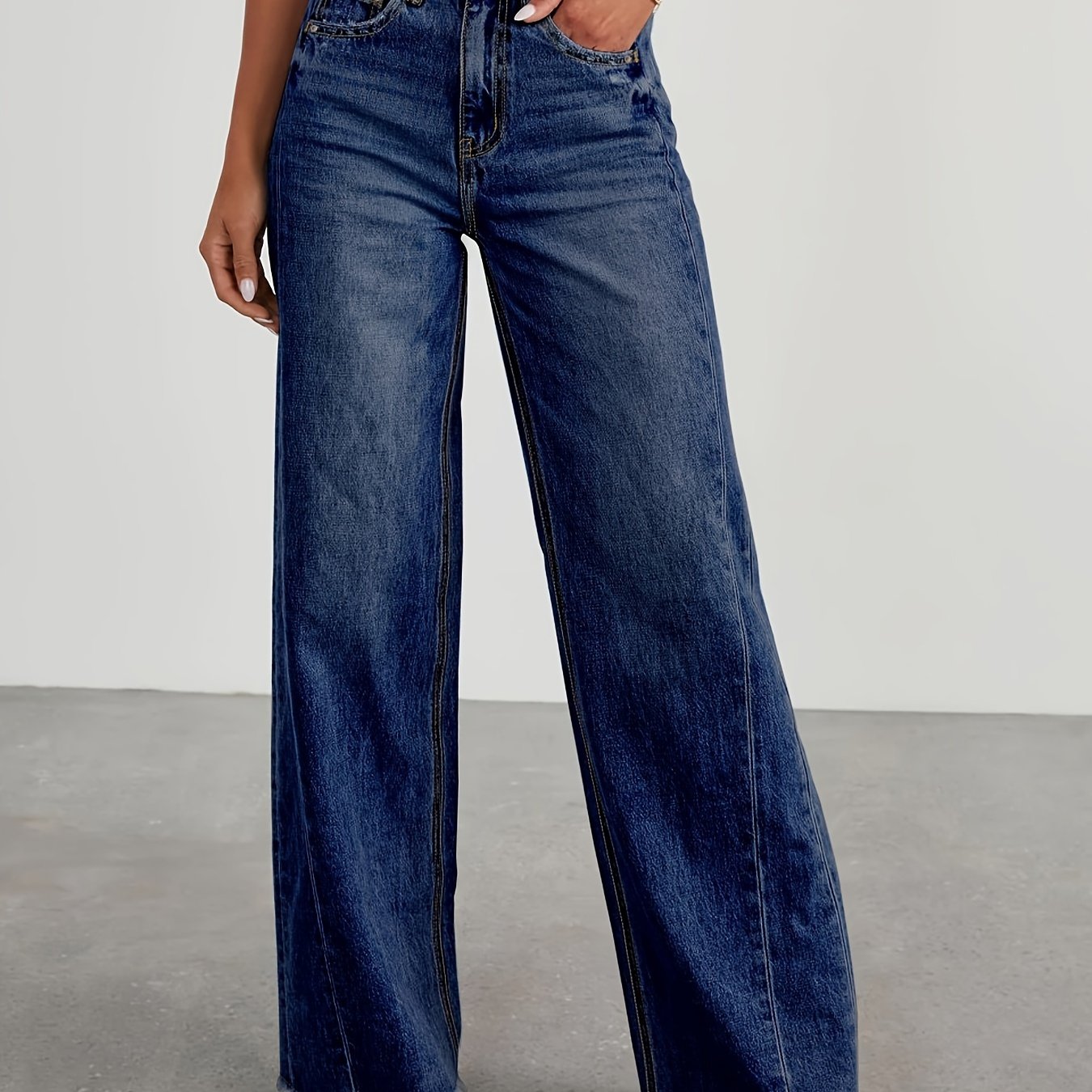 Pantalones vaqueros de mujer de talle alto y pernera ancha – Vaqueros elásticos informales holgados