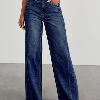 Pantalones vaqueros de mujer de talle alto y pernera ancha – Vaqueros elásticos informales holgados