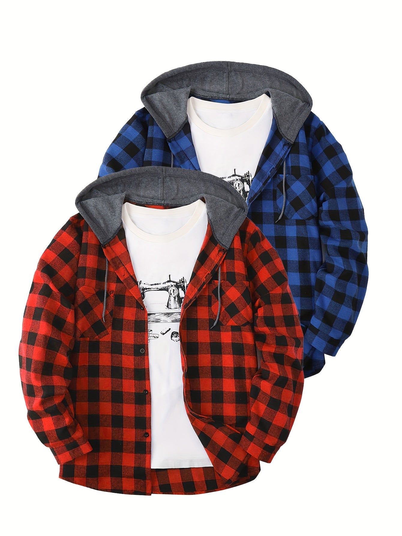 Camisas a cuadros con capucha para hombre, 2 piezas – Conjunto de chaqueta tipo suéter con botones