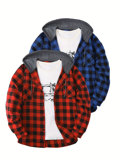 Camisas a cuadros con capucha para hombre, 2 piezas – Conjunto de chaqueta tipo suéter con botones