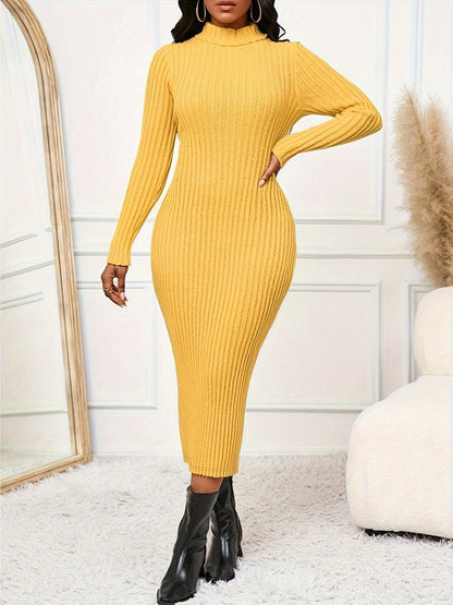 High Neck Long Sleeve Elegant Dress – Minimalist Fitted Maxi Dress