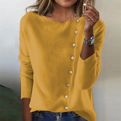 Suéter elegante con botones para mujer - Top de punto de manga larga con cuello redondo