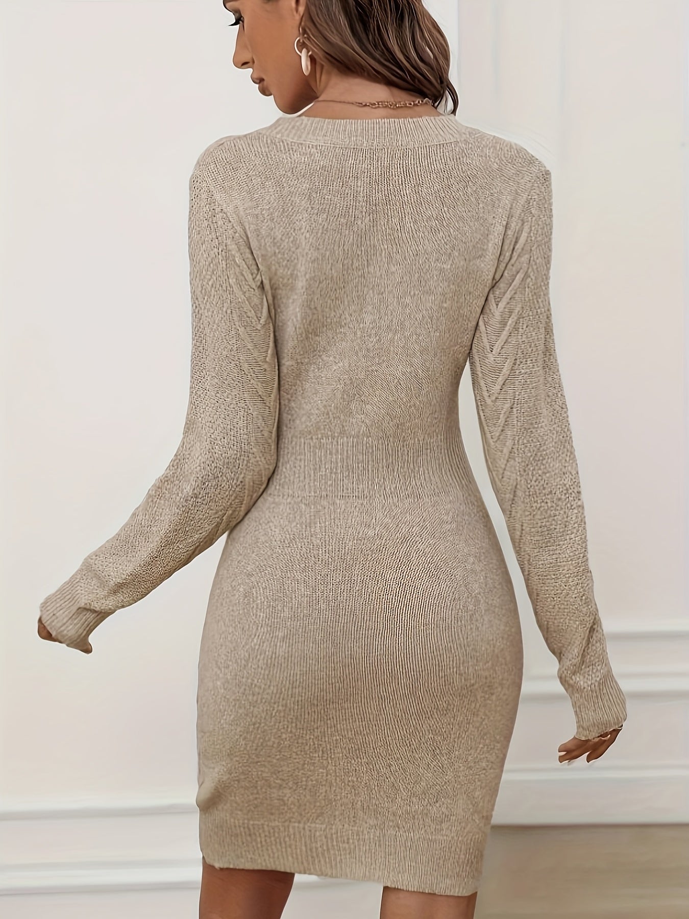 Vestido ajustado de manga larga con cintura ceñida – Elegante vestido de suéter con cuello redondo