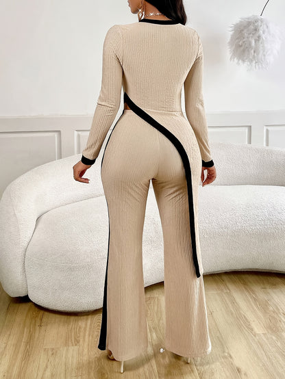 Conjunto elegante asimétrico de mono para mujer - Top de cuello redondo y pantalón acampanado
