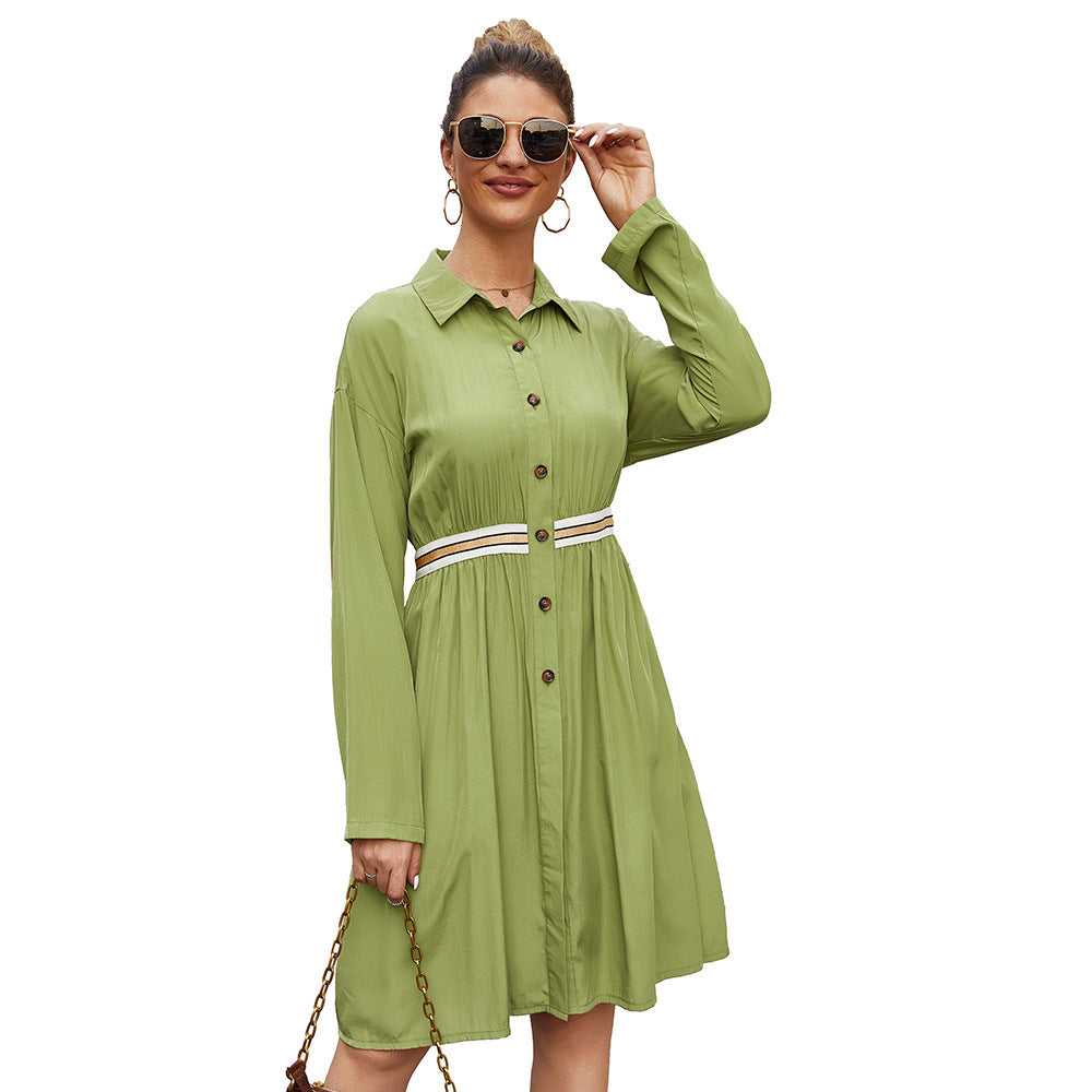 Casual Polo Collar Midi Dress – Elegant Long Sleeve A-Line Dress