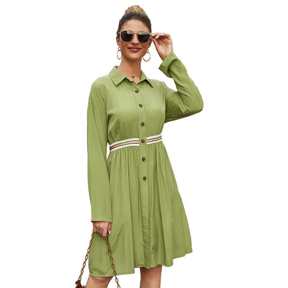 Casual Polo Collar Midi Dress – Elegant Long Sleeve A-Line Dress