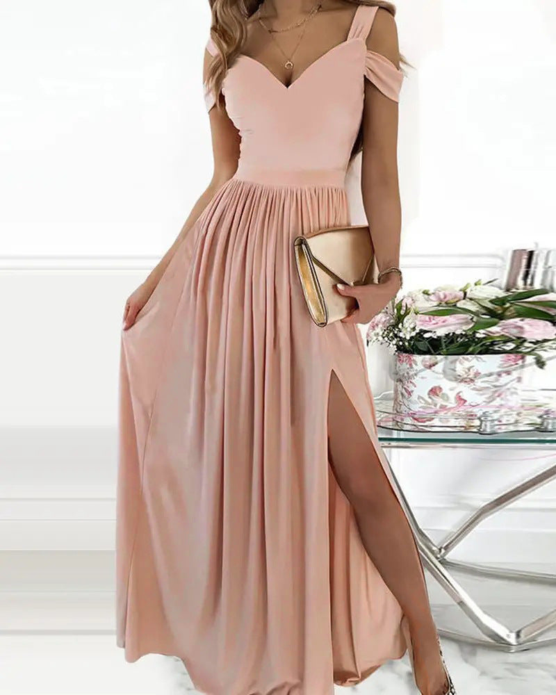 Maxivestido bohemio con cuello en V y tirantes finos – Vestido playero vaporoso con abertura lateral