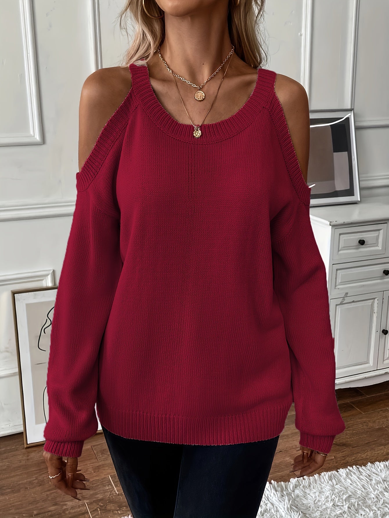 Suéter de punto suave para otoño/invierno con cuello redondo elegante para mujer