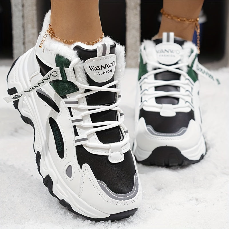 Botas de Nieve de Vellón Acogedoras para Mujer – Zapatos de Invierno Blancos y Azules con Suela Gruesa Antideslizante