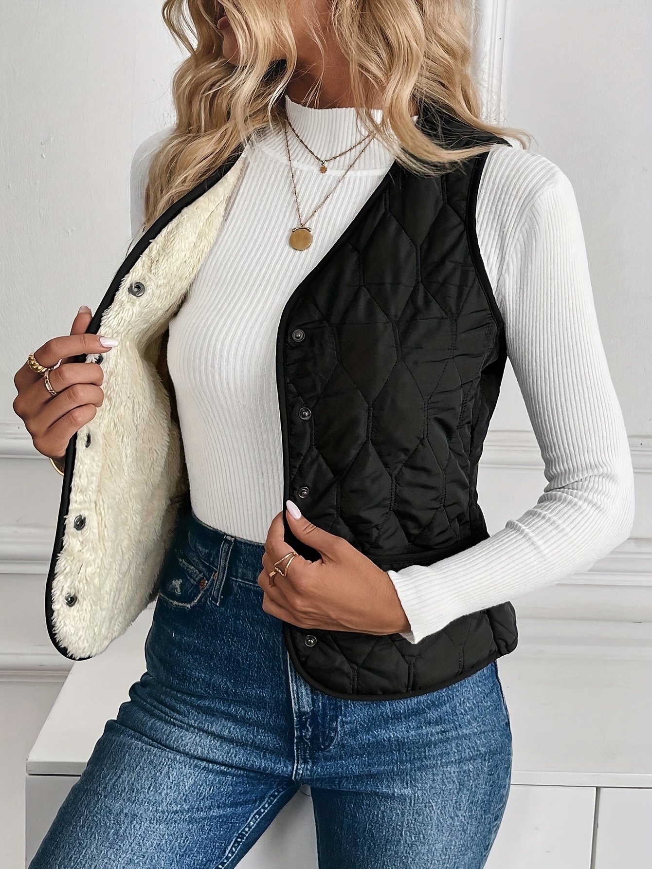 Gilet d'hiver zippé doublé chaud pour femme – Vêtement d'extérieur doux à col en V