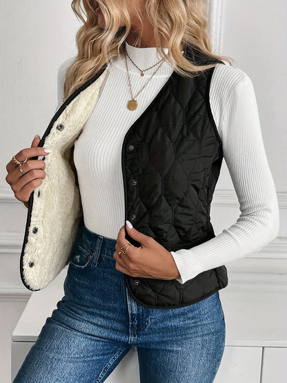 Gilet d'hiver zippé doublé chaud pour femme – Vêtement d'extérieur doux à col en V