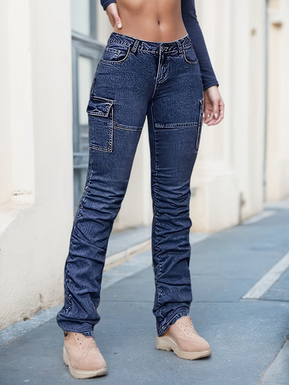 Vaqueros cargo de tiro alto para mujer – Pantalones rectos de mezclilla azul relajados