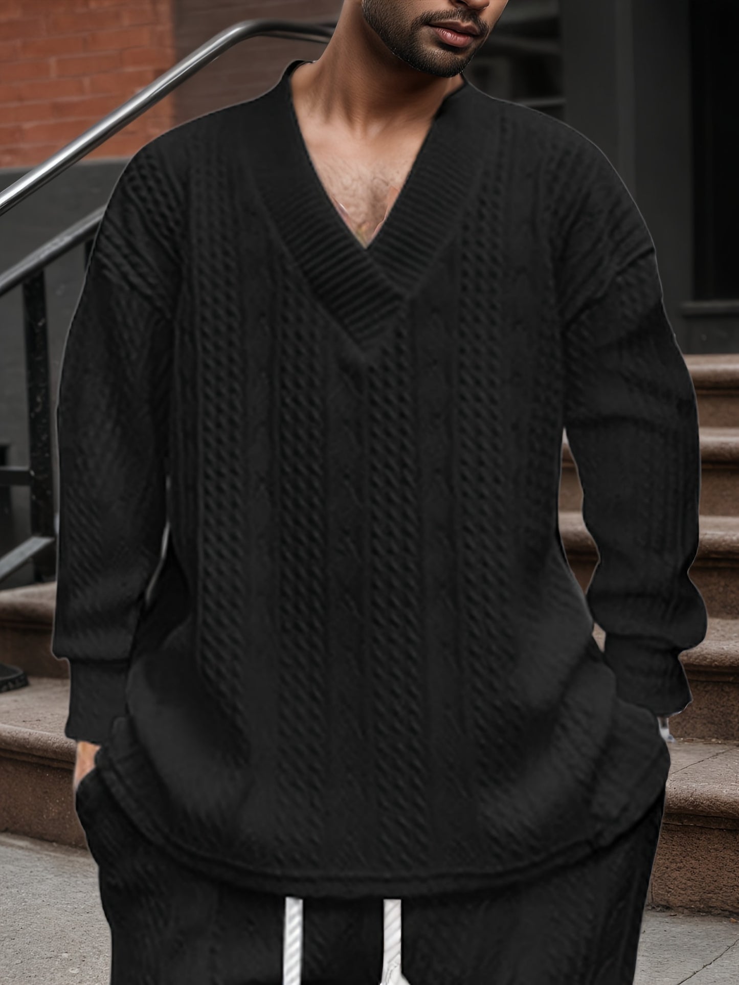 Suéter de punto con cuello en V para hombre – Jersey casual de jacquard acanalado