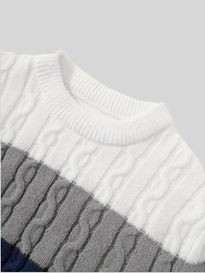 Suéter de punto trenzado color block para hombre – Suéter suave de cuello redondo