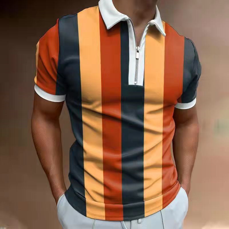 Polo de hombre a rayas – Manga corta de mezcla de algodón de corte moderno